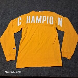 VTG Champion T Shirt Long Sleeve Yellow Men Size Small Spellout on Back